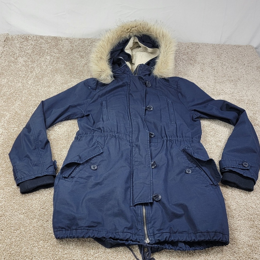 Gap Women's Blue Faux Fur Hooded Size Small Tall Waist Utility Parka Jacket Vtg